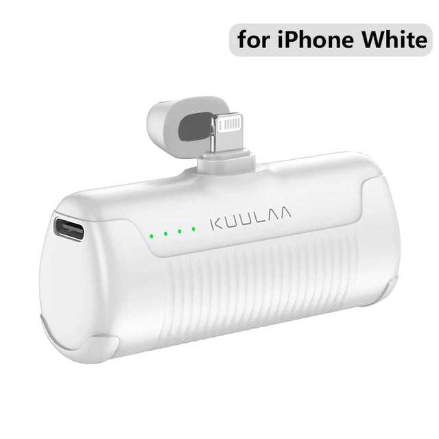 White Mini Power Bank 4500mAh for iPhone with charging indicator.