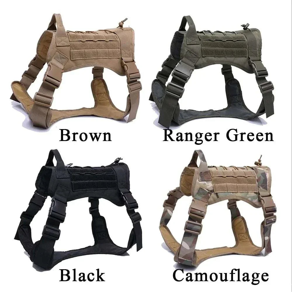 Nylon Tactical Dog Harness available in Brown, Ranger Green, Black, and Camouflage colors.