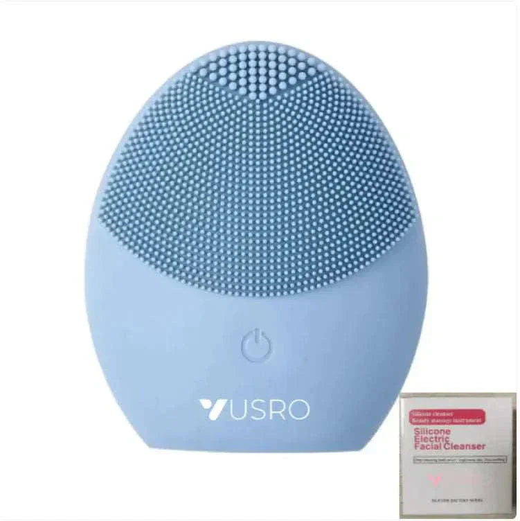 Blue Ultrasonic Silicone Facial Cleansing Brush - Electric Skin Care Device with ultrasonic vibration technology for deep cleansing.