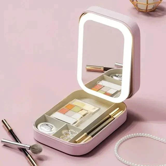 LED Mirror Makeup Storage Box with built-in bright lighting, multiple compartments, and elegant design.