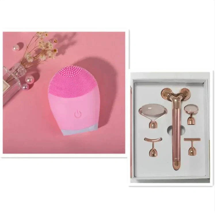 Pink Ultrasonic Silicone Facial Cleansing Brush with electric skincare device attachments for deep cleansing.