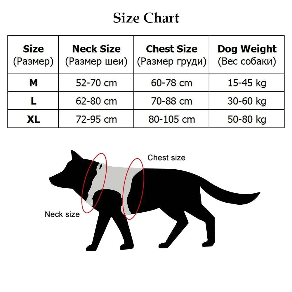 Nylon Tactical Dog Harness size chart showing measurements for neck, chest, and dog weight across medium, large, and extra-large sizes.