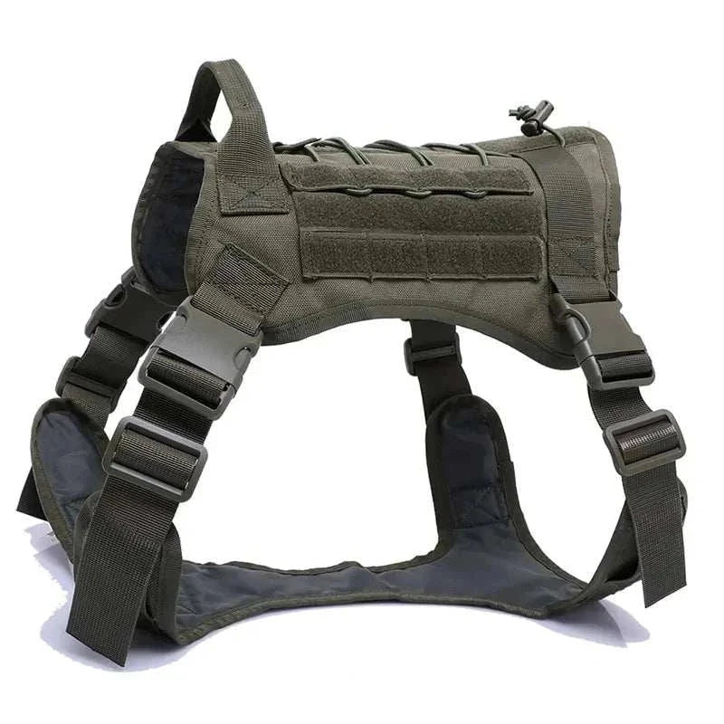 Nylon tactical dog harness with handle, bungee leash, and adjustable buckles for large dogs.