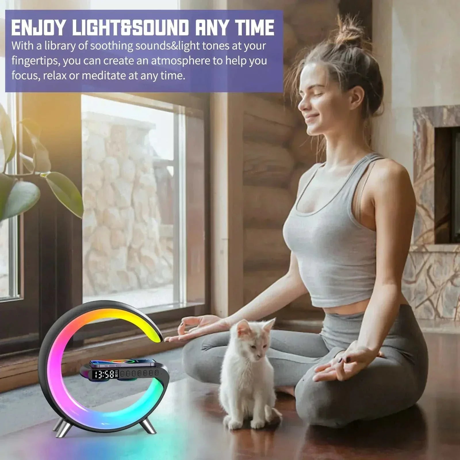 Wireless charger alarm clock with RGB lighting on a nightstand beside a woman and a cat.