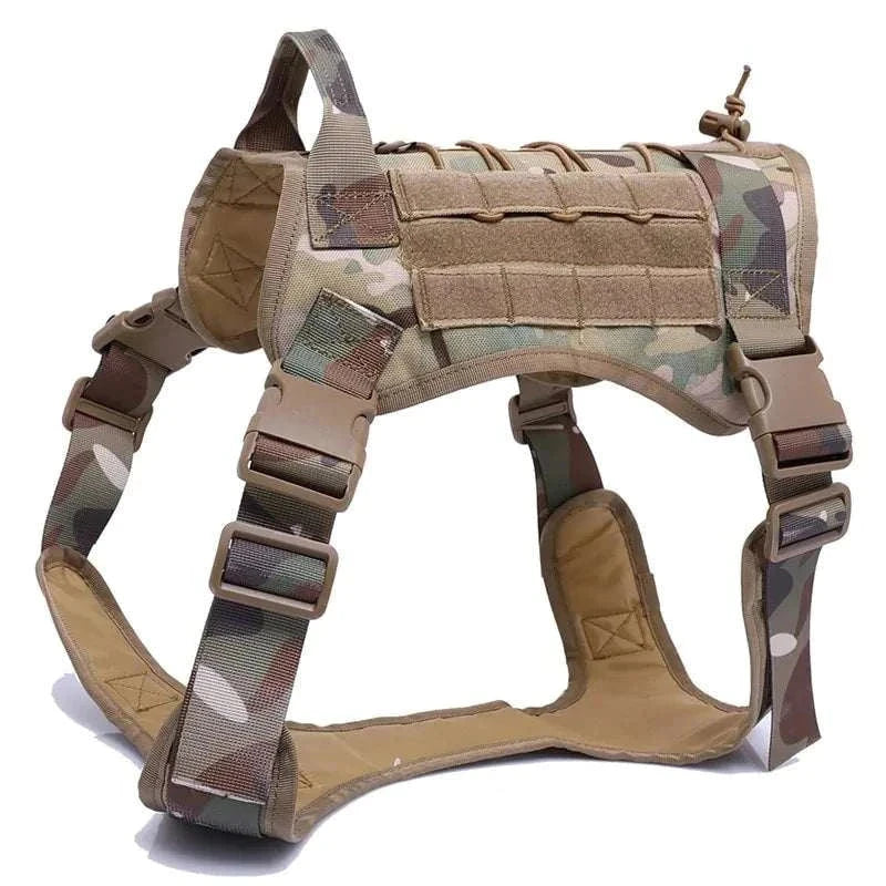 Nylon tactical dog harness with handle and bungee leash for large dogs in camouflage design.