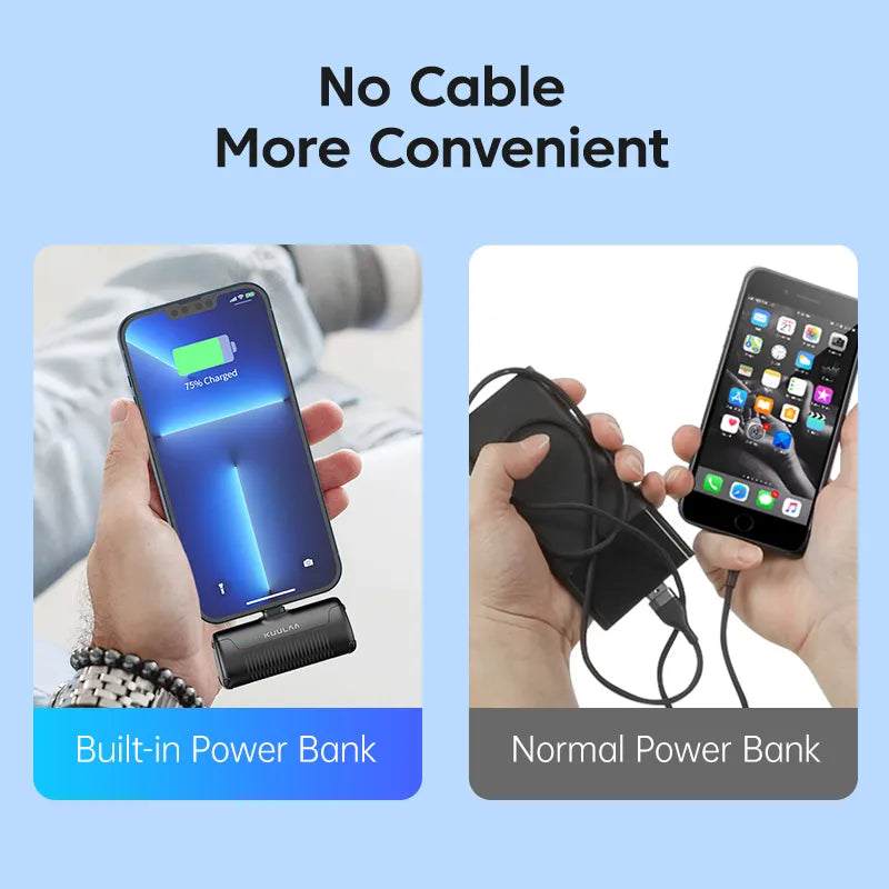 Mini Power Bank 4500mAh with built-in charging, compared to traditional power bank with cable.