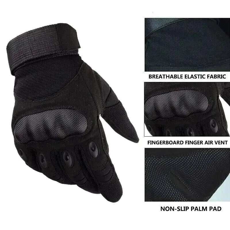 Tactical carbon fiber knuckle gloves with durable shell and touchscreen fingertips.