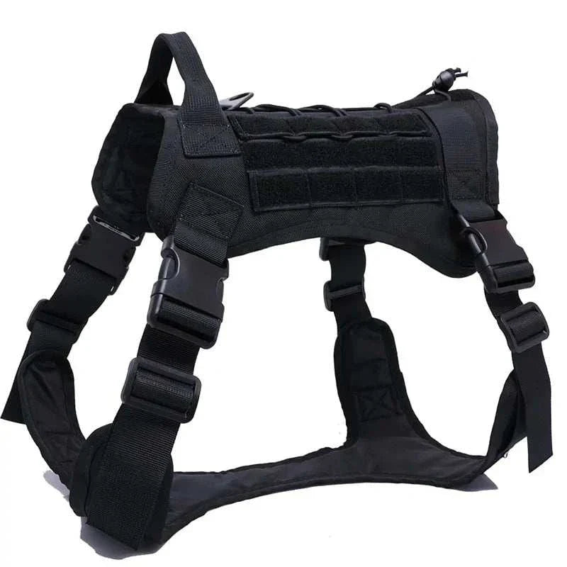 Nylon tactical dog harness with handle and adjustable buckles in black.