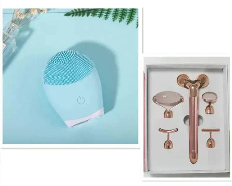 Ultrasonic silicone facial cleansing brush and skin care device set.