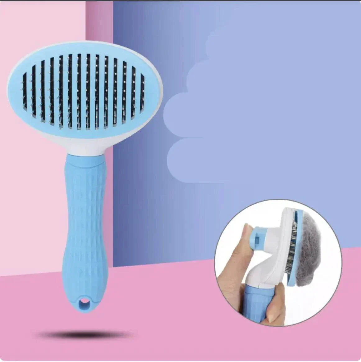 Pet Hair Removal Comb with ergonomic handle and one-key push feature for cats and dogs, blue thick needles style.