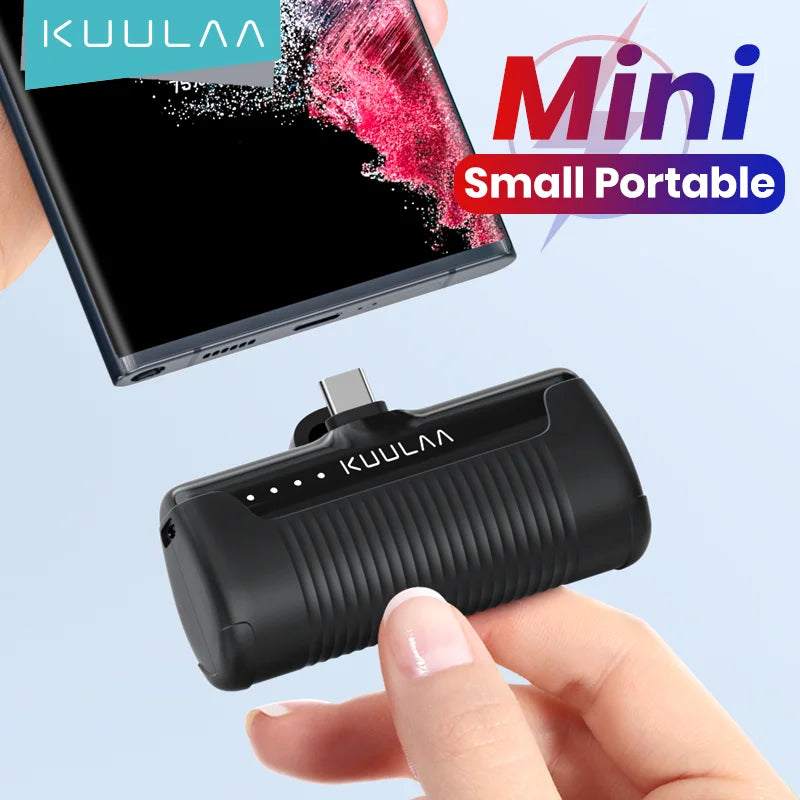 Mini Power Bank 4500mAh charging a smartphone, compact and portable design.