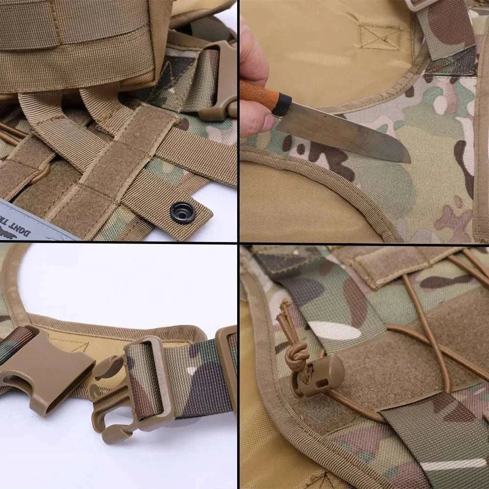 Nylon tactical dog harness with quick-release buckles and camouflage design.