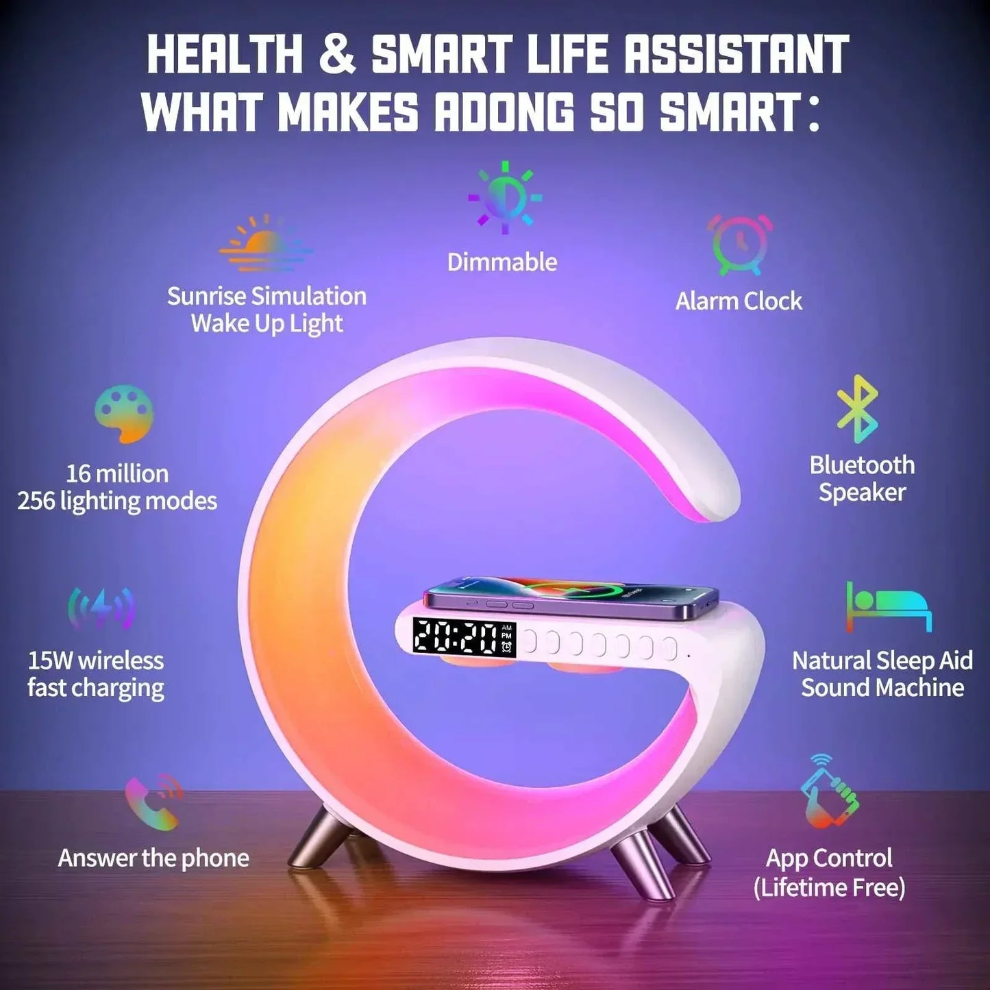 Multipurpose wireless charger alarm clock with RGB lighting, Bluetooth speaker, and app control.