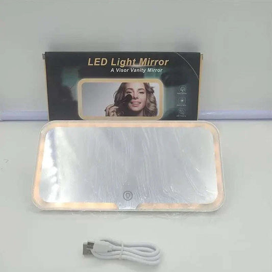 Car sun visor LED makeup mirror with touch-screen and adjustable lighting modes, rechargeable for on-the-go beauty.