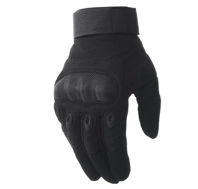 Tactical Carbon Fiber Knuckle Gloves for riding and outdoor work with adjustable wrist strap and touchscreen-sensitive fingertips.