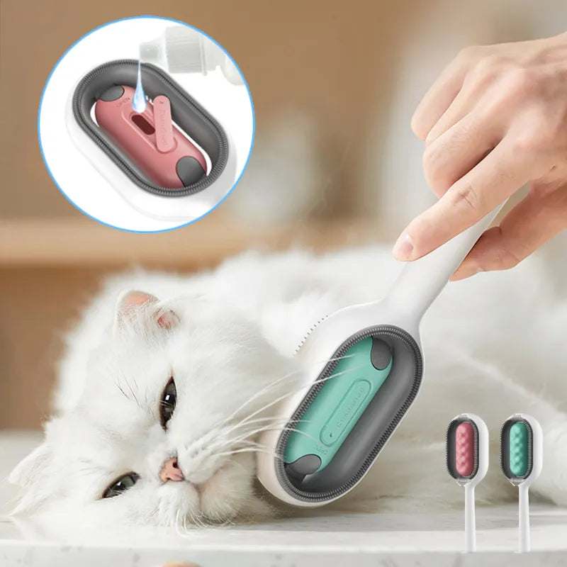 4-in-1 Pet Care Brush used on a cat, showing its grooming, cleaning, massaging, and fur removal features.