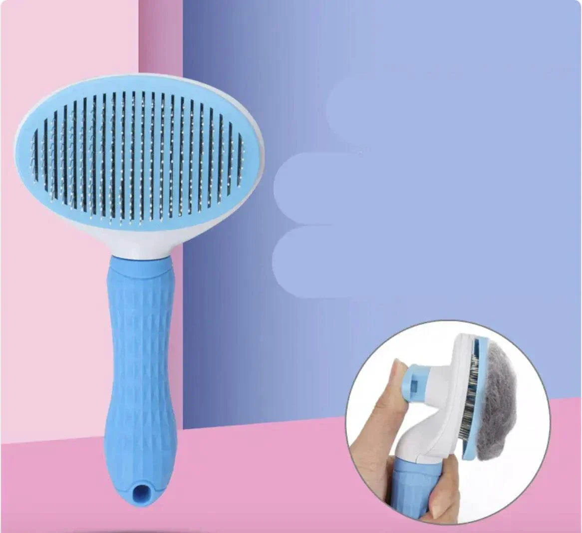 Blue pet hair removal comb with ergonomic grip and self-cleaning feature, designed for dogs and cats.