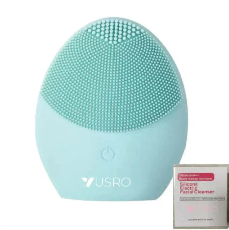 Ultrasonic Silicone Facial Cleansing Brush in blue, electric skincare device for deep skin cleansing and makeup removal.