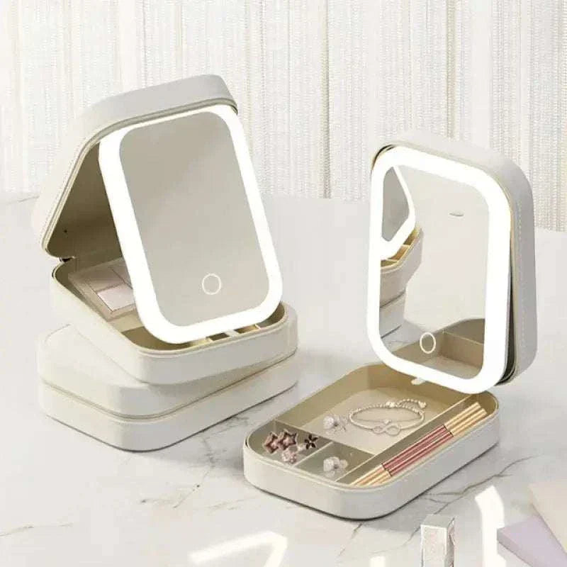 LED Mirror Makeup Storage Box with built-in lighting and compartments for cosmetics and jewelry.