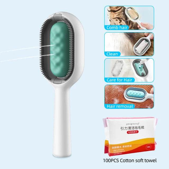 4-in-1 Pet Care Brush with bristle design for brushing, cleaning, massaging, and fur removal; includes cotton towels.