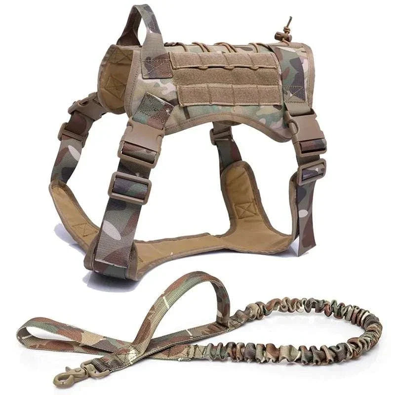 Nylon tactical dog harness with handle and bungee leash in camouflage design for large dogs.