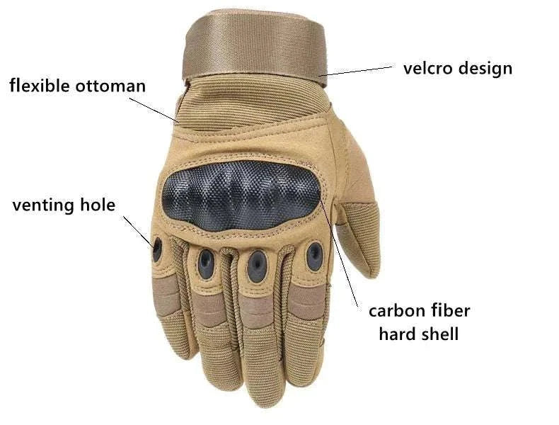 Tactical Carbon Fiber Knuckle Gloves with adjustable wrist strap, touchscreen fingertips, and ergonomic design for riding and outdoor work.