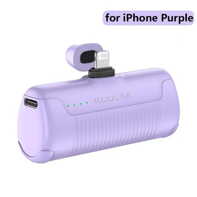 Purple Mini Power Bank 4500mAh for iPhone charging.