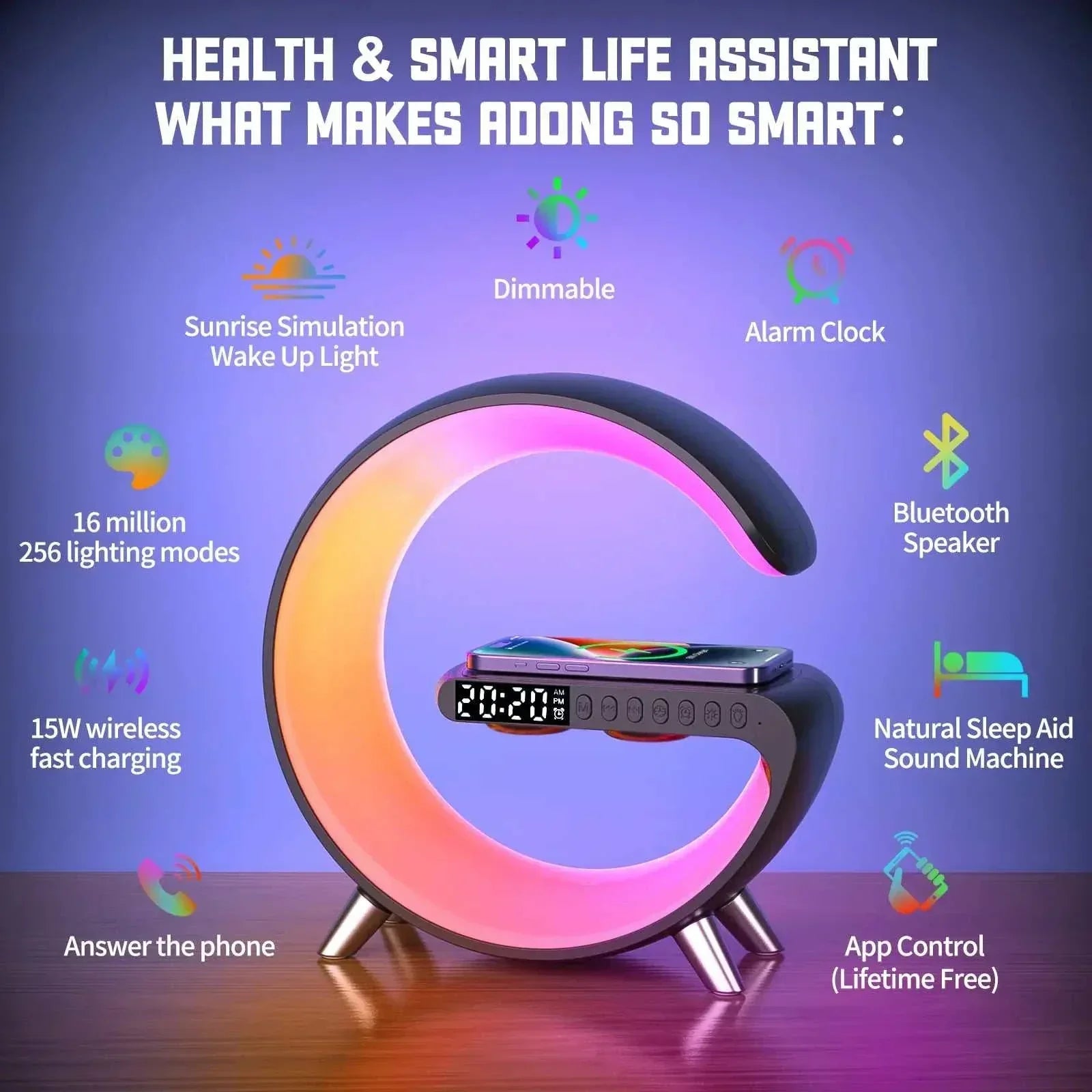 Wireless Charger Alarm Clock with Bluetooth speaker, RGB lighting, and fast charging.