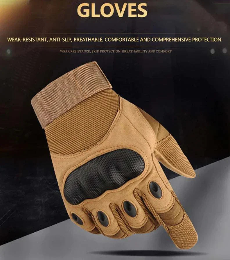 Tactical carbon fiber knuckle gloves with adjustable wrist strap and touchscreen capability.