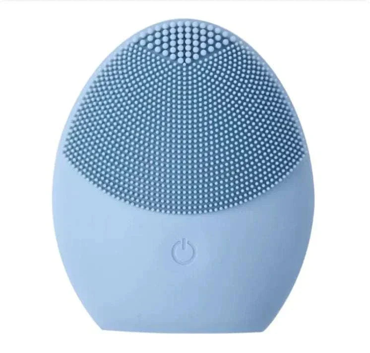 Ultrasonic Silicone Facial Cleansing Brush in blue, electric skin care device for deep cleaning.