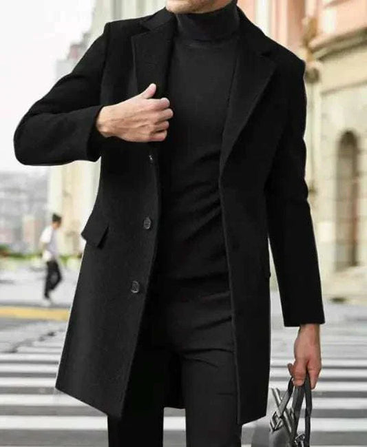 Men's long-sleeved woolen coat, black, tailored fit, versatile for formal and casual wear.