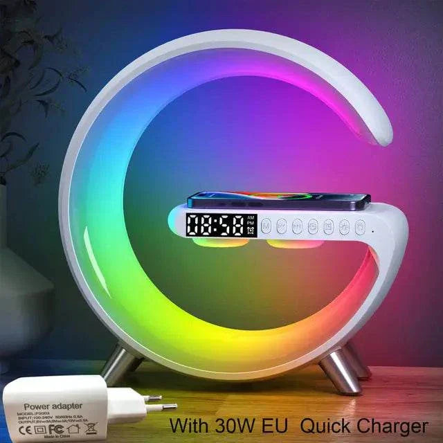 Wireless charger alarm clock with RGB lighting and Bluetooth speaker.