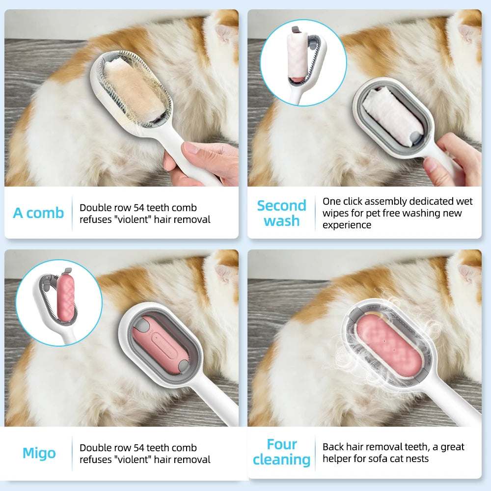 4-in-1 Pet Care Brush demonstrating combing, washing, massaging, and cleaning functions on a cat.