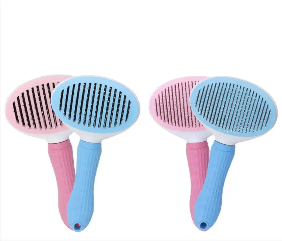 Pet Hair Removal Comb with ergonomic handle, available in thick and fine needles, blue and pink colors.