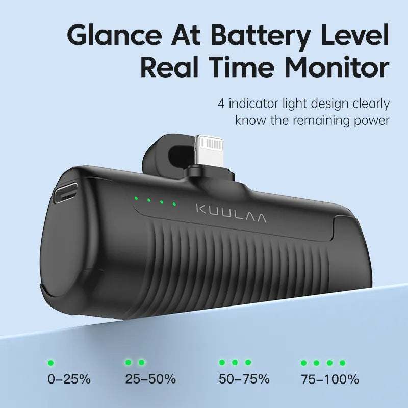 Compact Mini Power Bank 4500mAh with real-time battery level monitor and charging indicator lights.