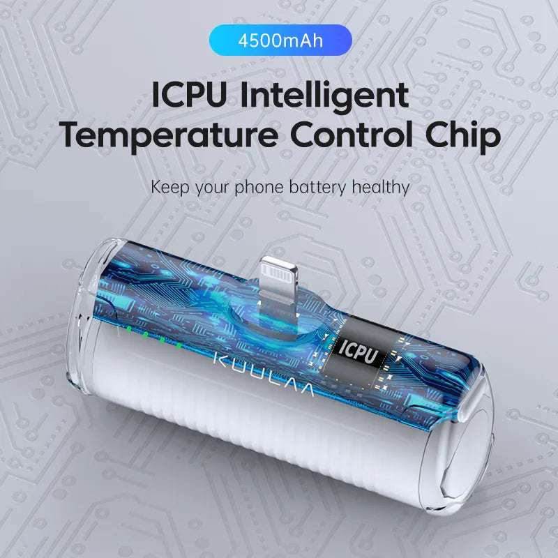 Mini Power Bank 4500mAh with ICPU Intelligent Temperature Control Chip for phone battery health.