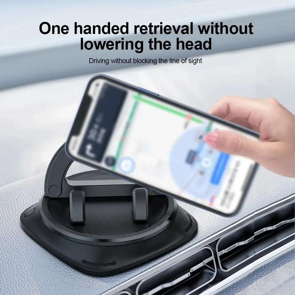 Kebidumei 360° rotatable silicone car dashboard phone holder showcasing adjustable grip with black mount and smartphone in use.