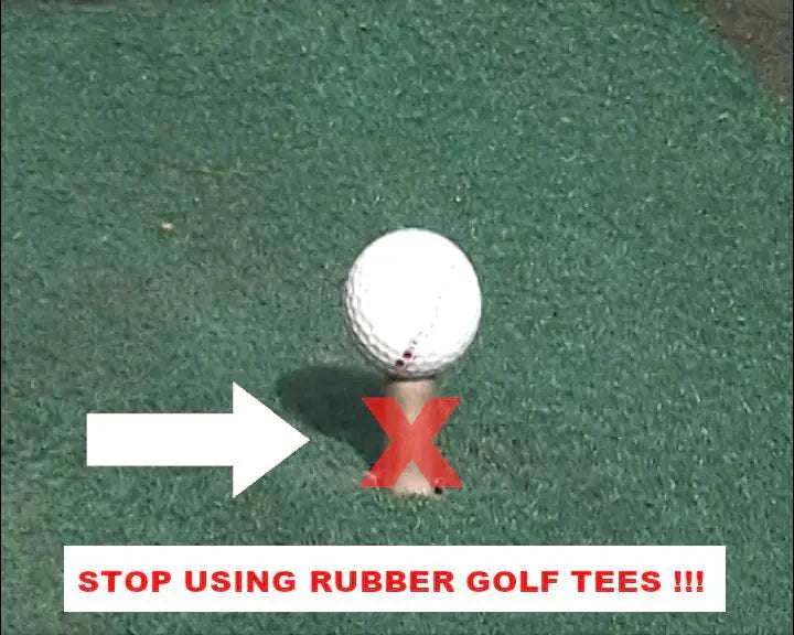 Golf ball on a tee with a warning against using rubber tees, highlighting the NeverLostGolf Tee Saver ™.