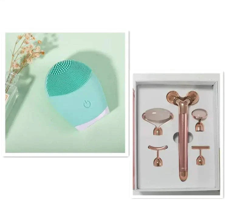 Ultrasonic silicone facial cleansing brush in green with multi-attachment electric skincare device.