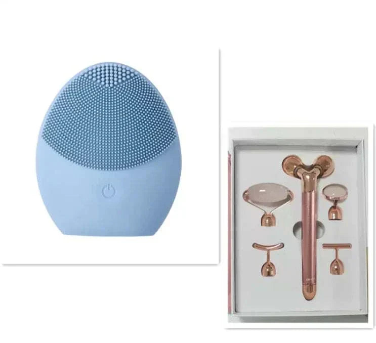 Ultrasonic Silicone Facial Cleansing Brush and accessories set in blue and rose gold.