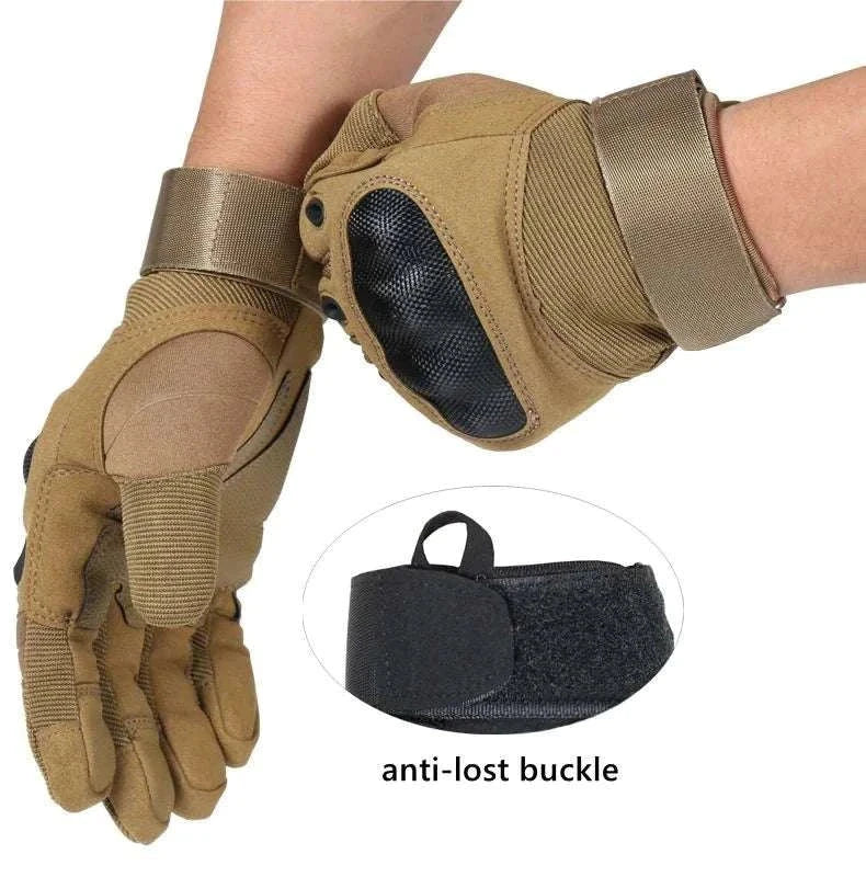 Tactical carbon fiber knuckle gloves with adjustable wrist strap and touchscreen-sensitive fingertips.