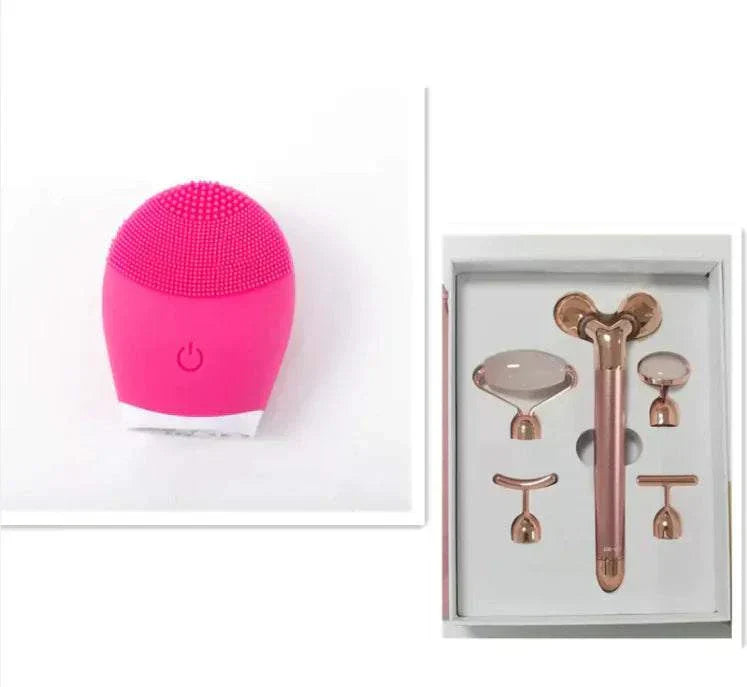 Ultrasonic Silicone Facial Cleansing Brush in pink with electric skin care attachments.