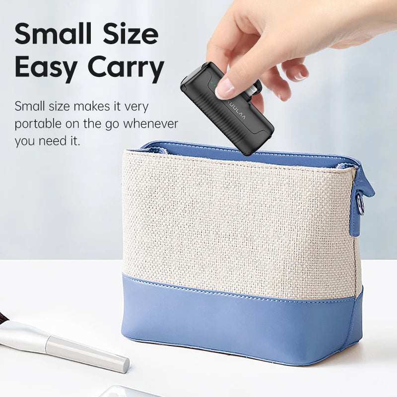 Mini Power Bank 4500mAh being placed in a small travel pouch for easy portability.