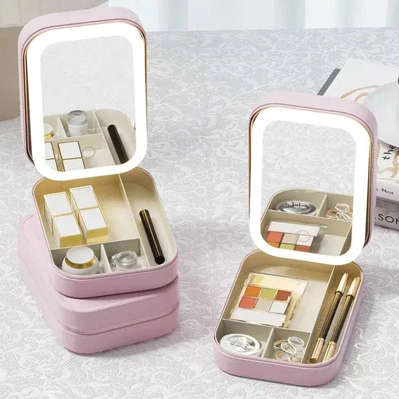 LED Mirror Makeup Storage Box with compartments and built-in LED lighting for cosmetic organization.