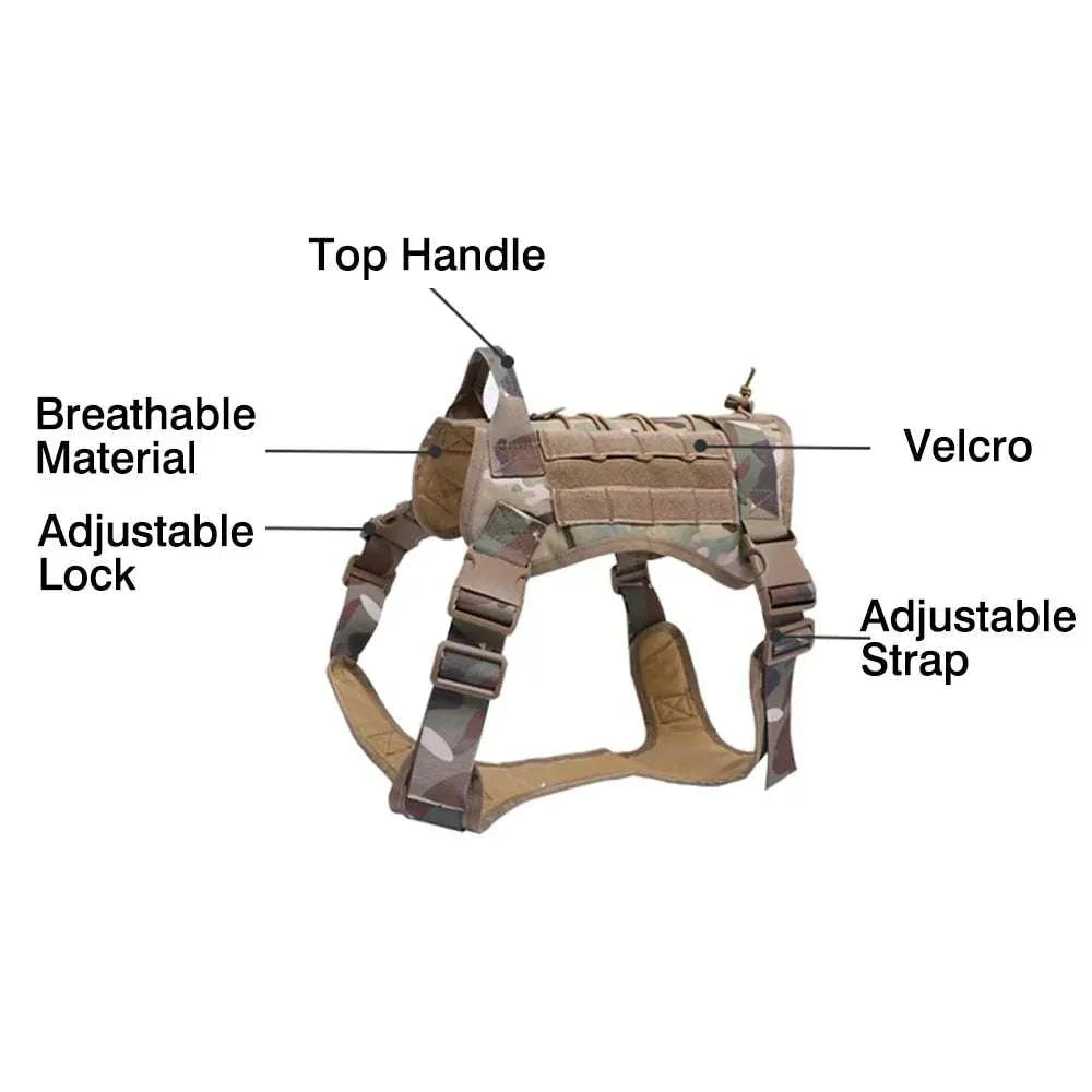 Nylon tactical dog harness with handle, bungee leash, and adjustable straps for large dogs.