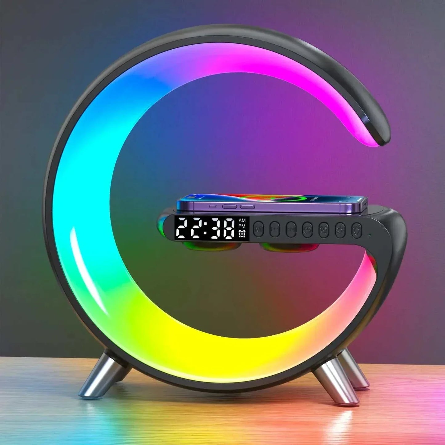 Wireless charger alarm clock with RGB lighting and Bluetooth speaker function.