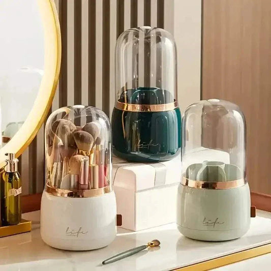 Elegant dome brush holder for organized makeup storage on vanity or workspace.