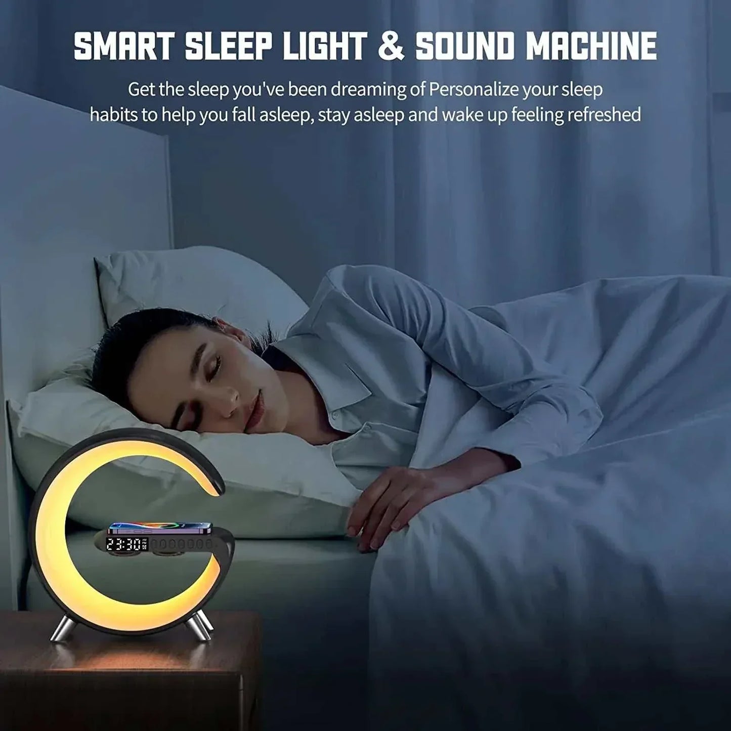 Wireless charger alarm clock with Bluetooth speaker and RGB light on nightstand.